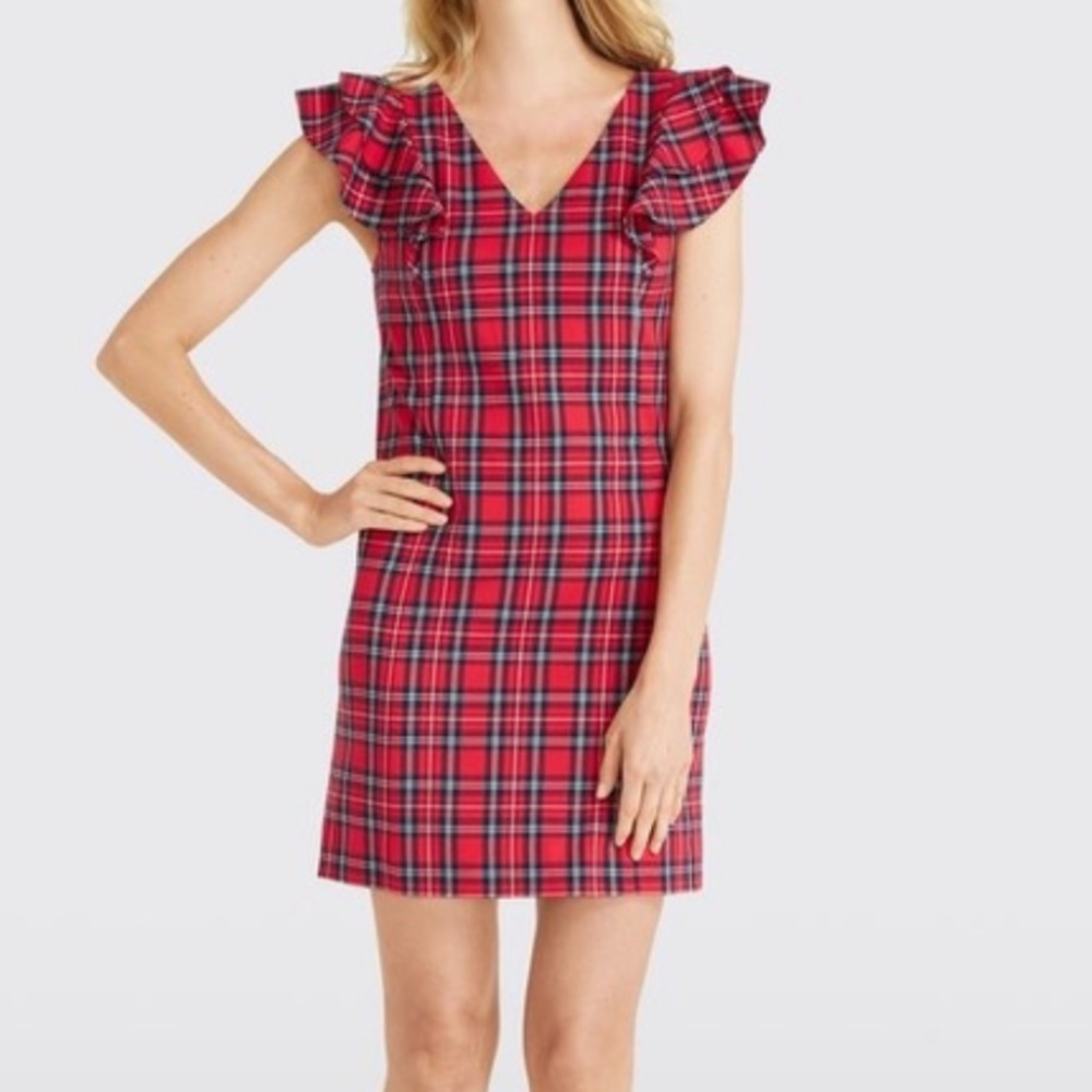 Draper James red plaid ruffle shoulder shift dress 4 - Picture 2 of 5
